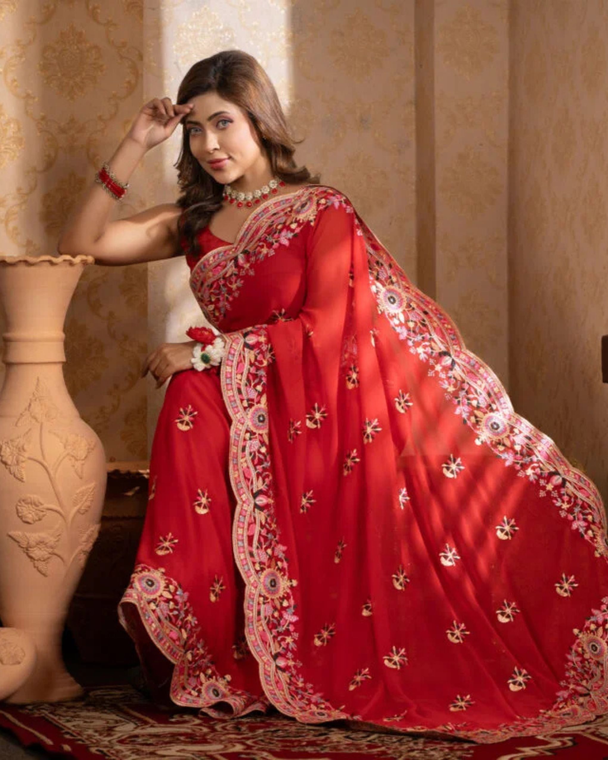 Exclusive embroidered party saree made of soft georgette fabric -1 সফট জর্জেট ফেব্রিকের এক্সক্লুসিভ এমব্রয়ডারি পার্টি শাড়ি - Image 1