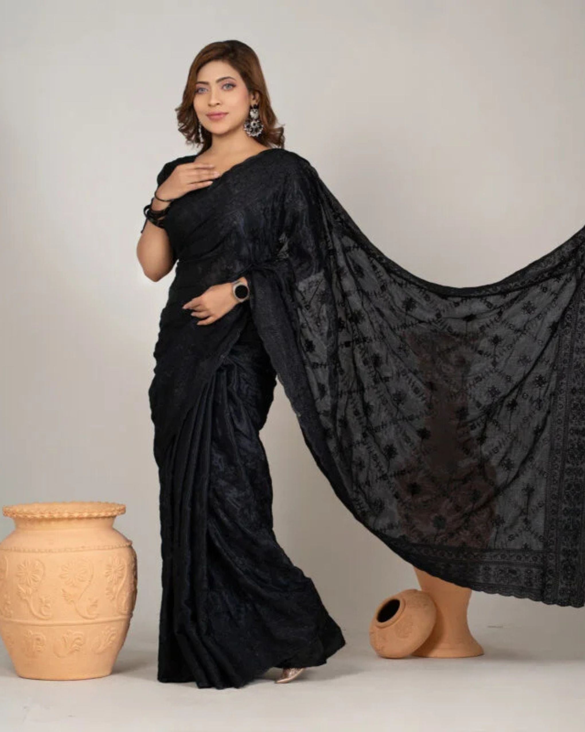 black color exclusive-embroidered-party-saree-made-of-soft-chinigura-silk-fabrics - 3 সফট চিনিগুড়া সিল্ক ফেব্রিক্সের এক্সক্লুসিভ এমব্রয়ডারি পার্টি শাড়ি - Image 1