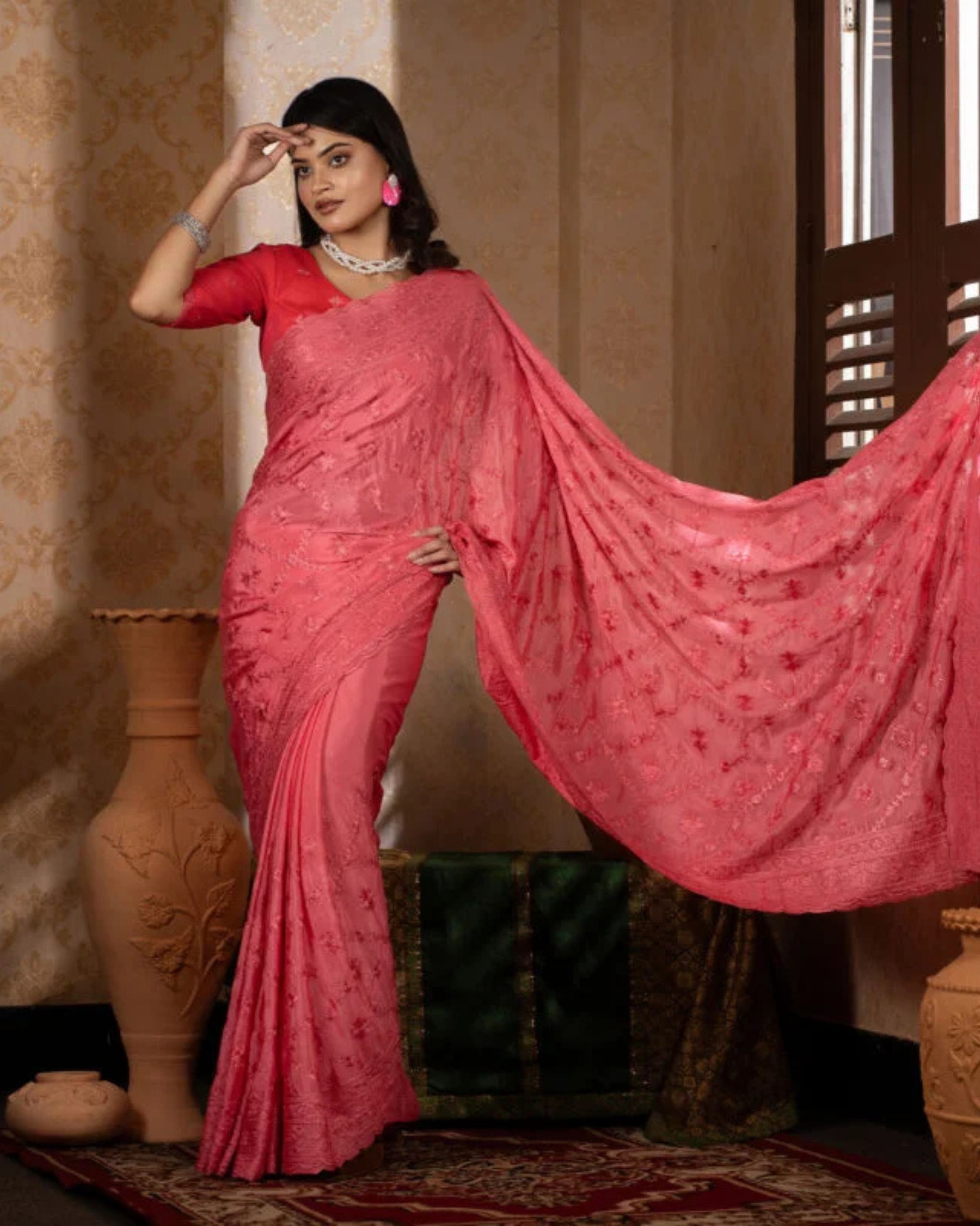 misty-color-exclusive-embroidered-party-saree-made-of-soft-chinigura-silk-fabrics সফট চিনিগুড়া সিল্ক ফেব্রিক্সের এক্সক্লুসিভ এমব্রয়ডারি পার্টি শাড়ি - Image 1