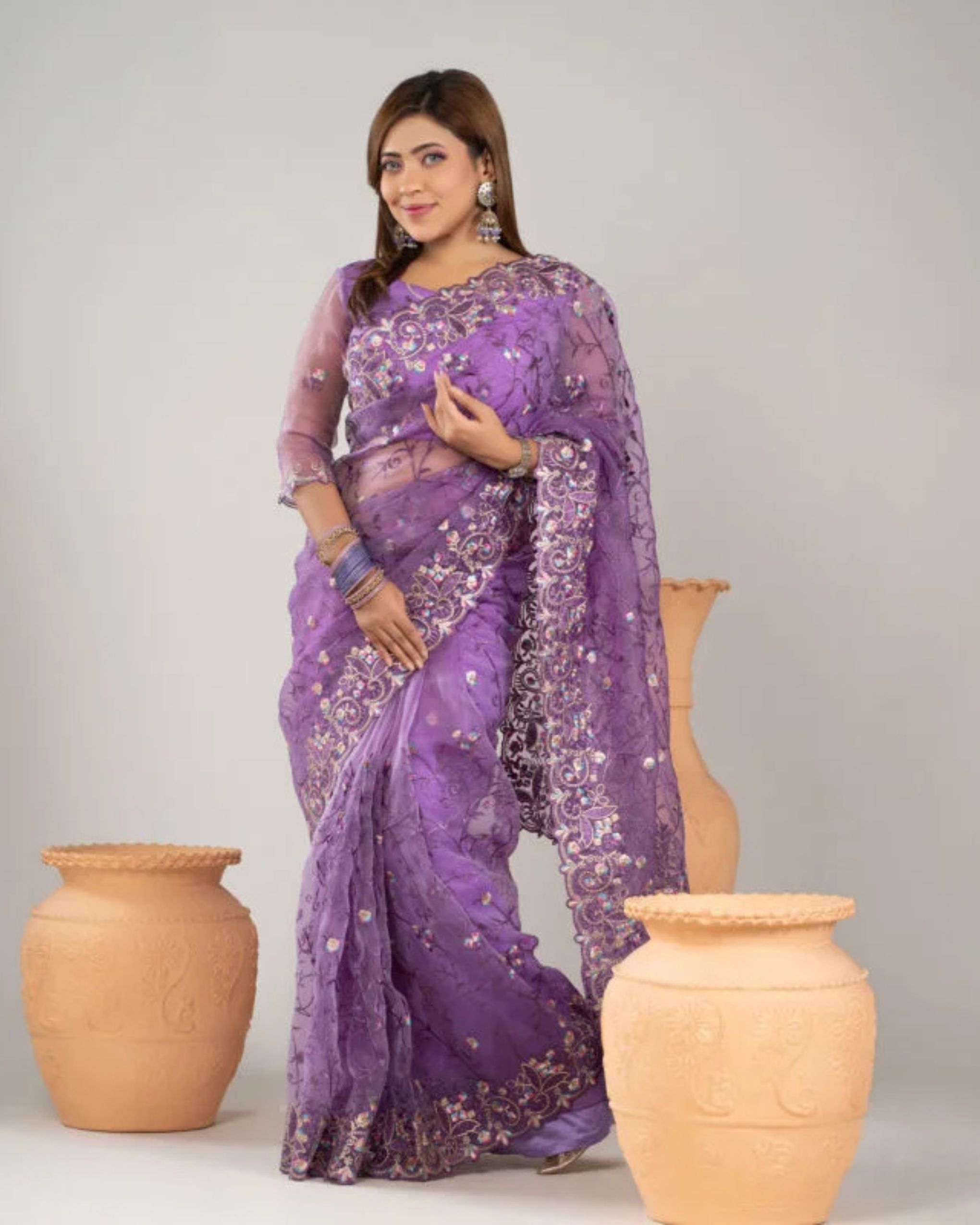 purple color-premium-indian-weightless-soft-organza-saree-with-blouse-piece প্রিমিয়াম ইন্ডিয়ান ওয়েটলেস সফট অরগাঞ্জা শাড়ি ব্লাউজ পিস সহ - Image 1